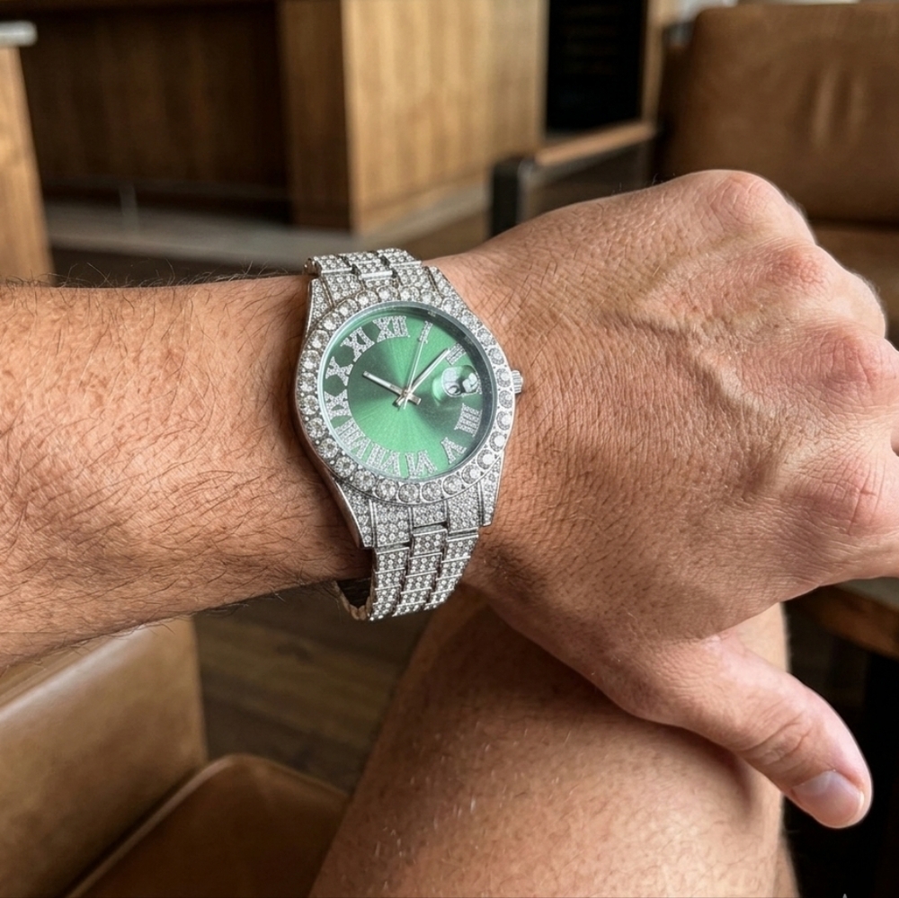 Silver & Green Luxury Iced Bling Hip Hop Fashion Quartz Date Watch New
